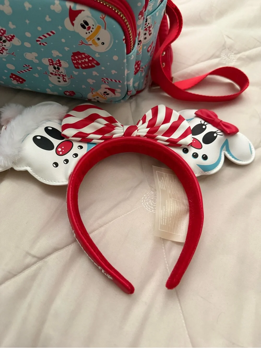 Loungefly Kids Light Blue & Red Snowman Print Mini Backpack with Matching Wallet